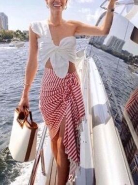 Just BEE Queen Womens Tulum Red Cotton Striped Fringed Wrap Skirt L